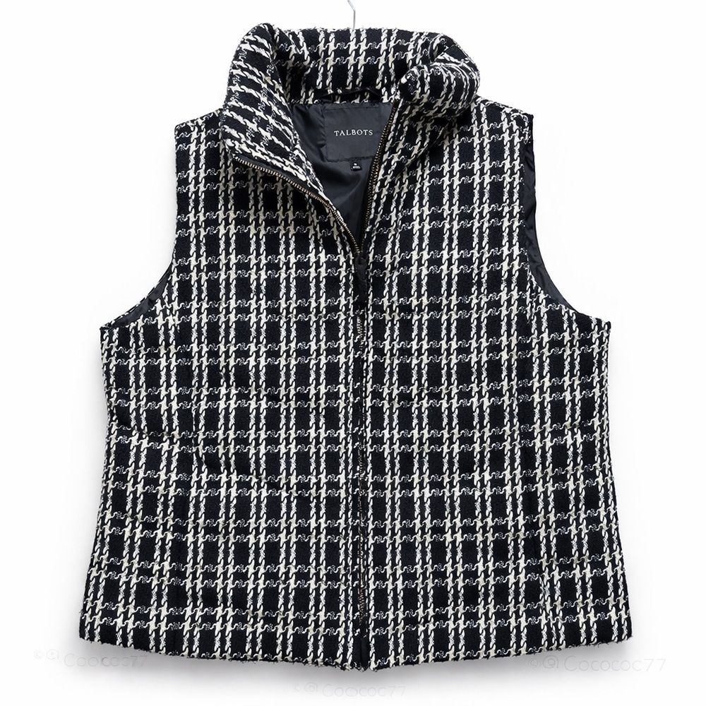 Talbots  Puffer Vest Women’s Black White Quilted Preppy Classic xl plaid
